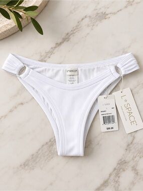 L*SPACE Anna Bikini Bottom Bitsy Cut White Ribbed Stretch Hip Rings Large NEW